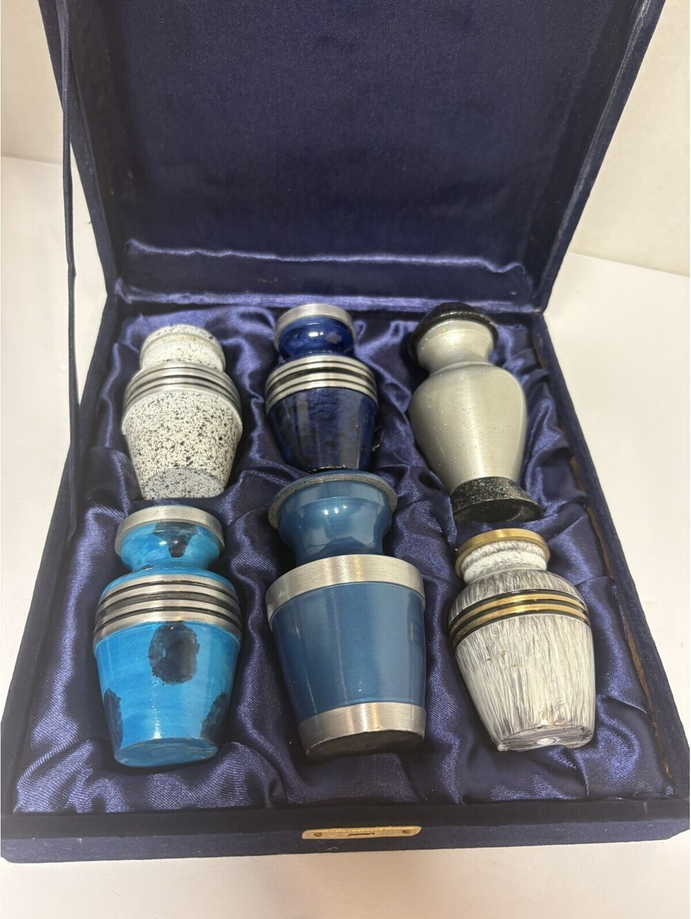 Small Keepsake Cremation Urns for Human Ashes, Blue and Silver - Set of 6